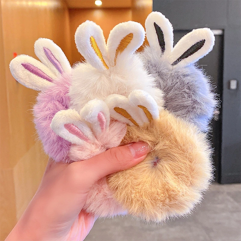 Women's Candy Color Plush Bunny Ear Hair Tie