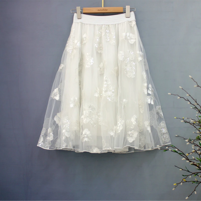 Fashion Beaded Piece Embroidered Temperament Mesh Gauze Skirt