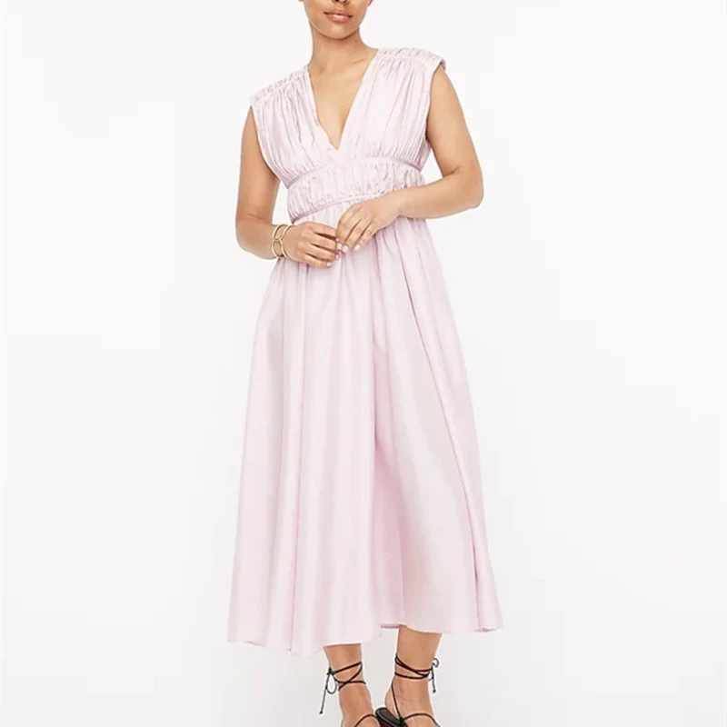 Vintage Silk Sleeveless V-neck Lace-up Pleated Waist Dress