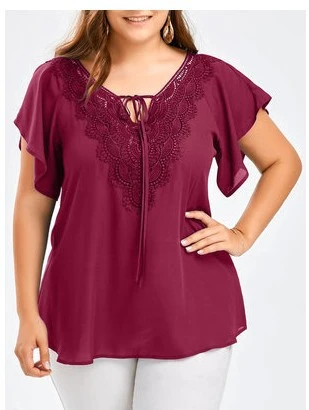 Women's Flared Sleeve Short Sleeve T-Shirt Lace Patchwork Top Plus Size Women's Clothing