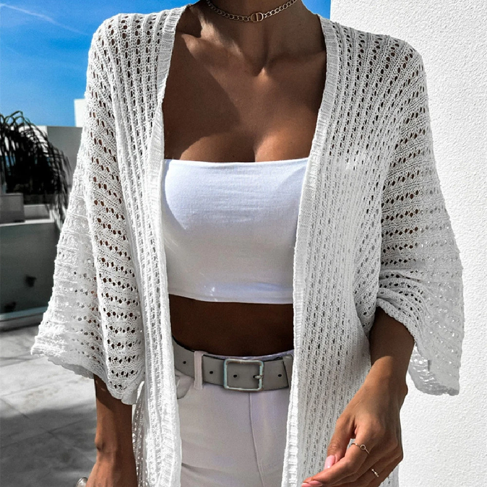 Women's Solid Color Knitted Kimono Bikini Cover-up Casual Sun-proof Blouse