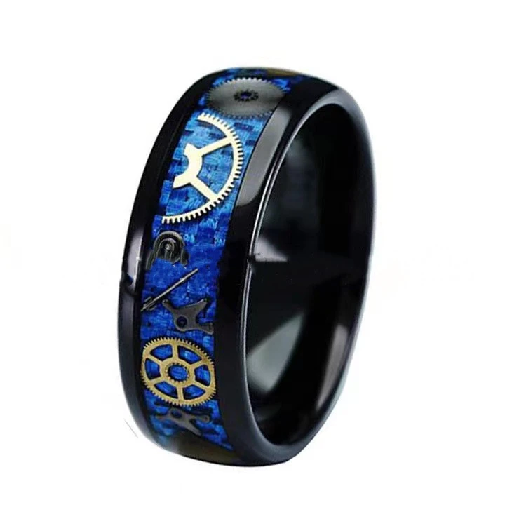 Blue Carbon Fiber Mechanical Watch Gear Stainless Steel Ring
