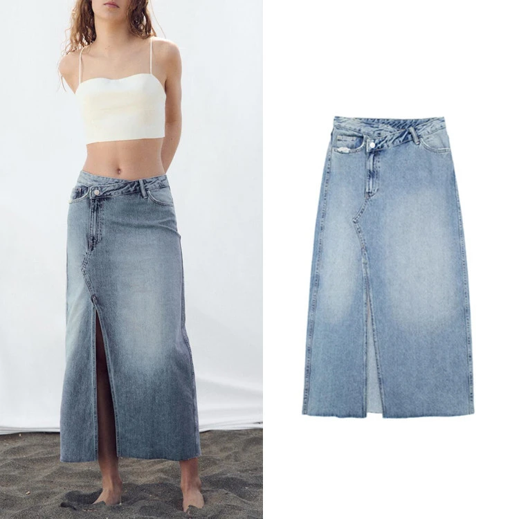 Women's Diagonal Patchwork Mid Rise Denim Skirt