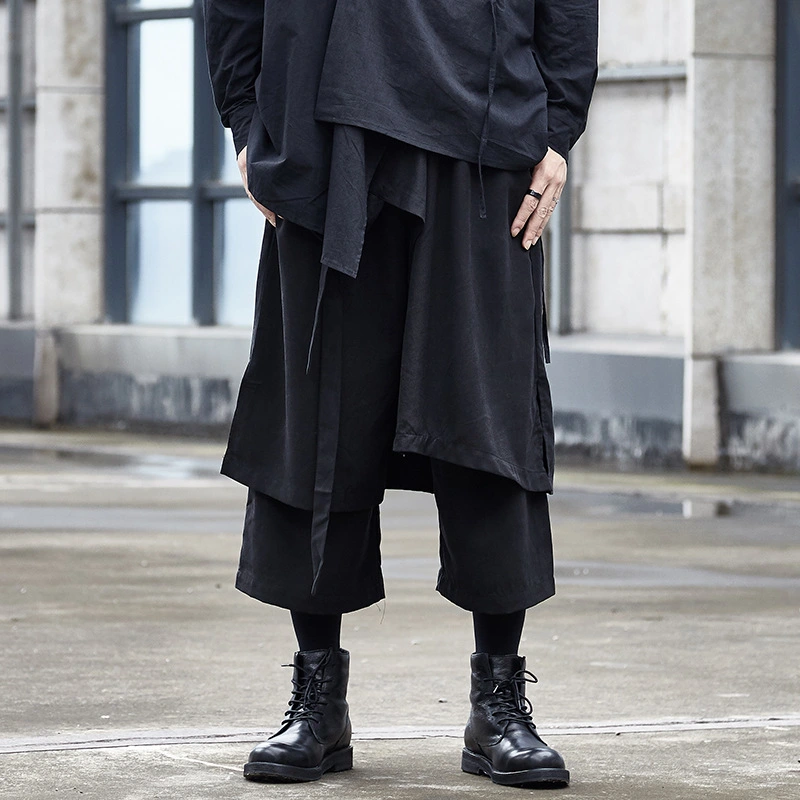 Dark Series Streetwear Fashion Hakama Patchwork Creative Cropped Trousers Men Oversized Couple Straight Casual Pants