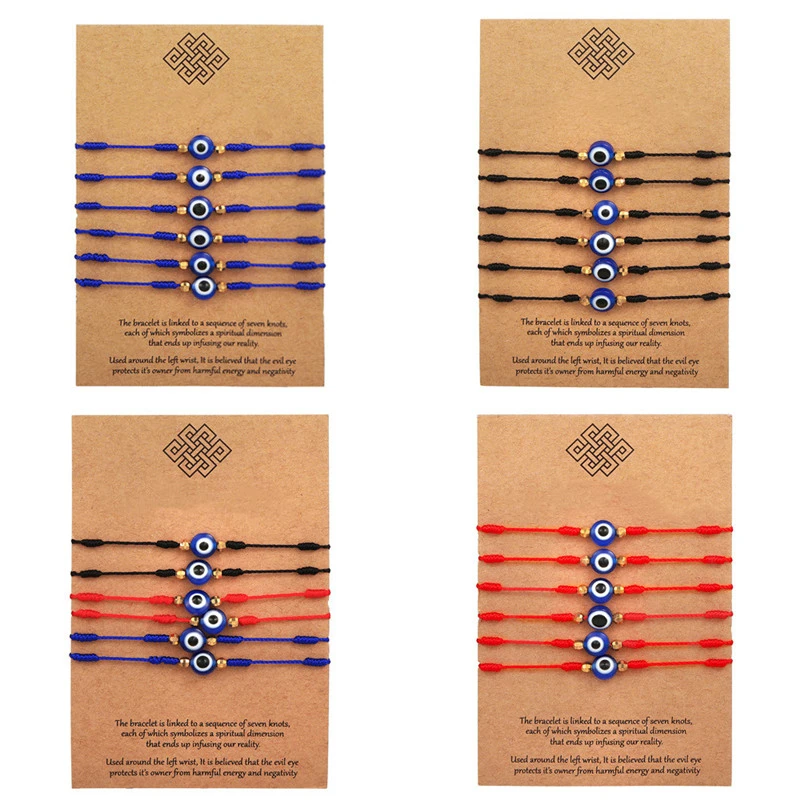 6 Pack Red, Blue, And Black Eye Woven Bracelets