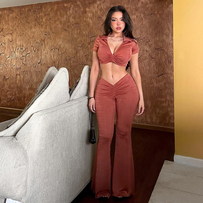 High Waist V-shaped Slim Fit Micro Ragged Pants Two Piece Set