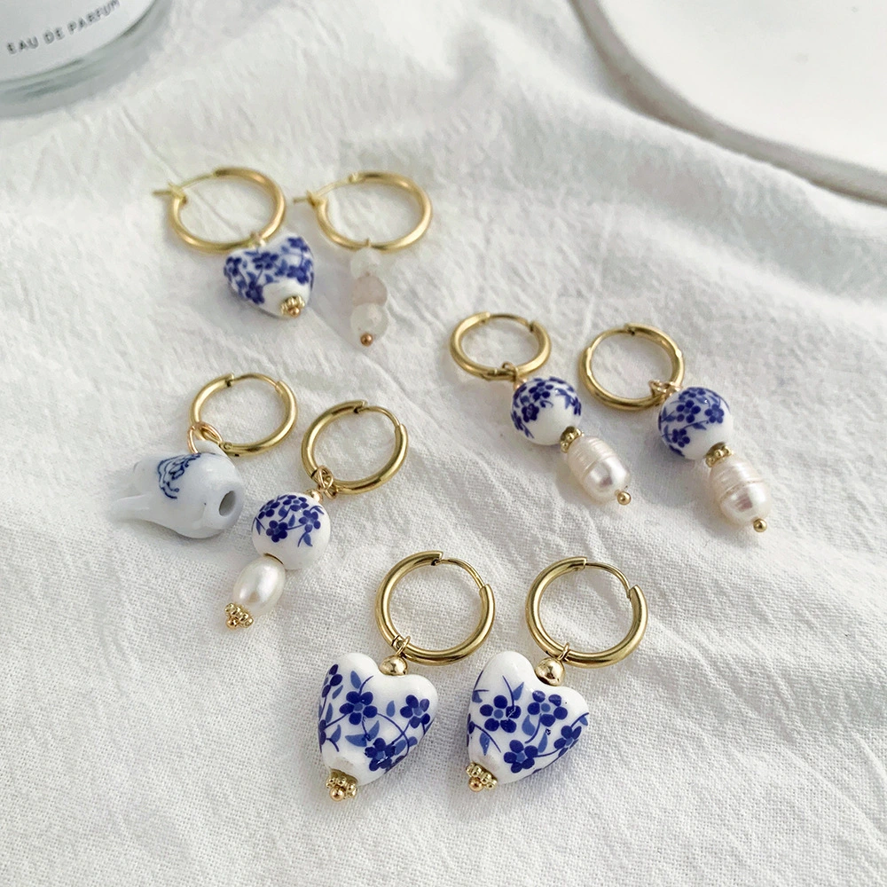 Chinese Style Elements Retro Blue And White Porcelain Earrings