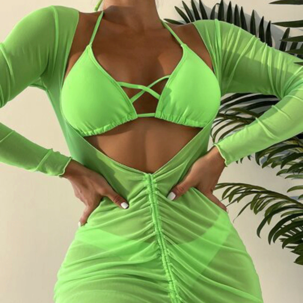 Women's Three-piece Long Gauze Dress Binding Rope Swimsuit