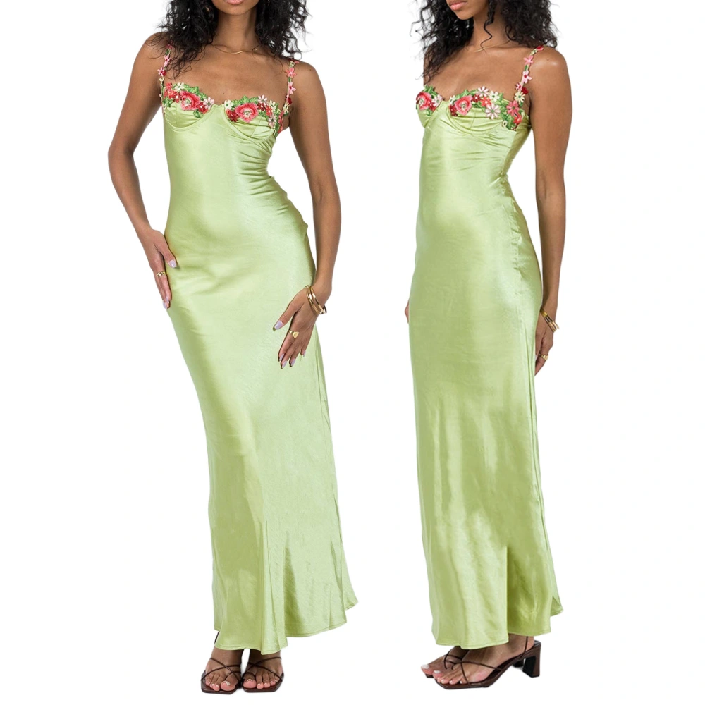 Embroidered Lace Suspender Solid Color Long Dress For Women