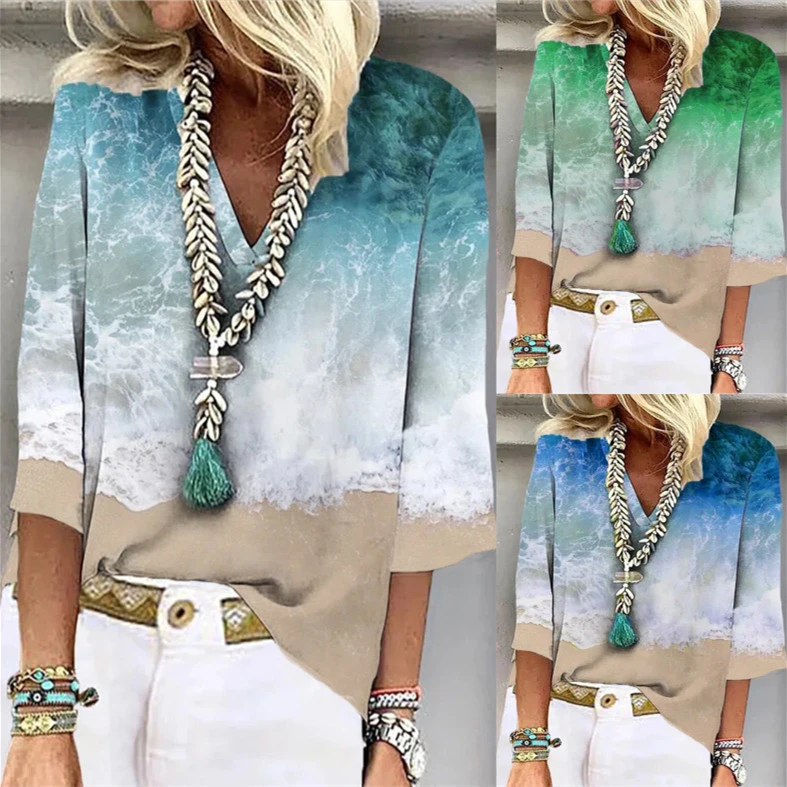 Women's Fashion Loose V-neck Print Loose Shirt