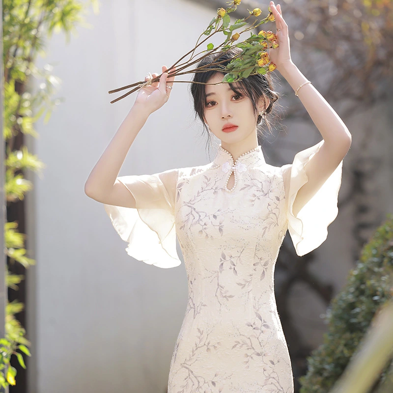 Cheongsam Tea Service Ladies Flying Sleeve Short Dress