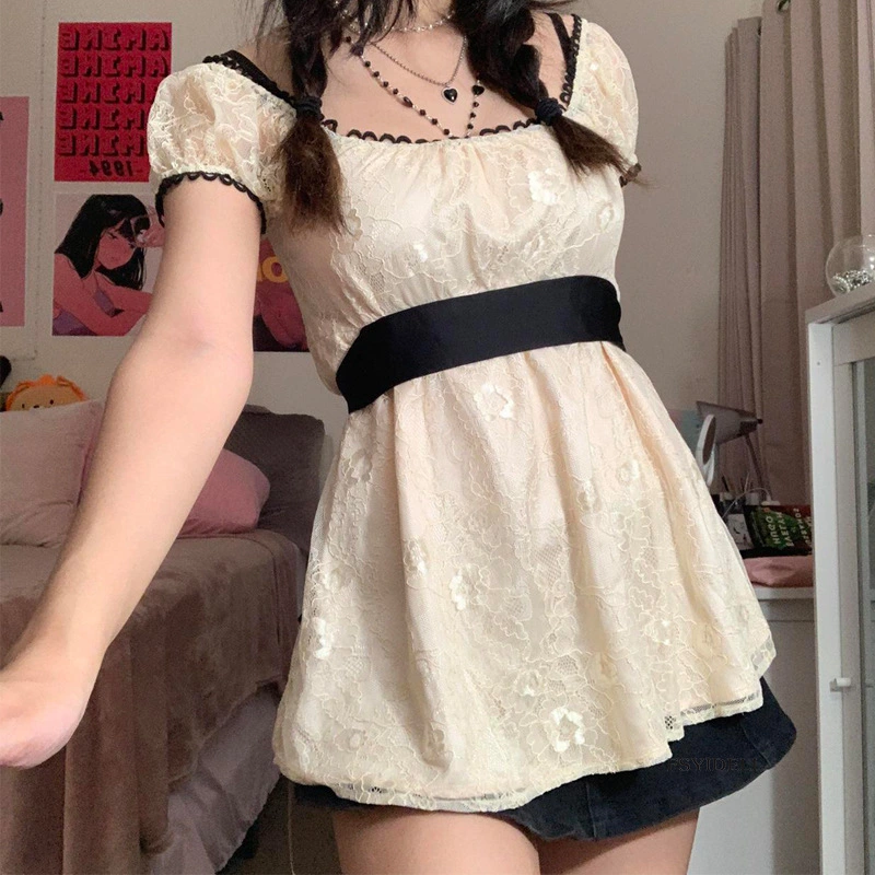 Women's Lace Top Waist Net Gauze Mid-length Short-sleeved Dress