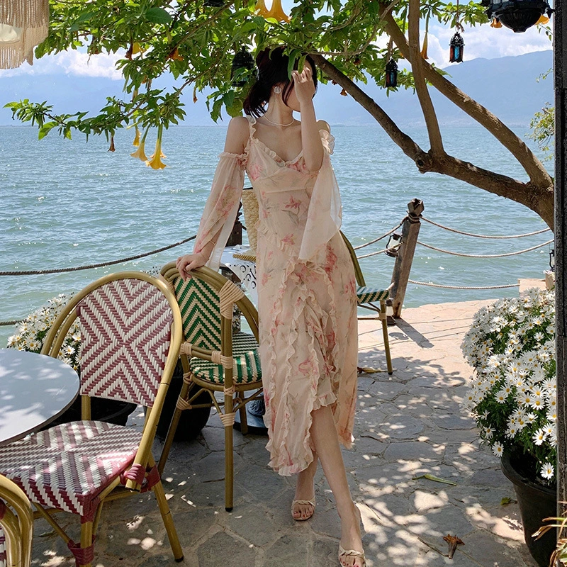 French Floral Oil Painting Ruffle Vacation Beach Dress