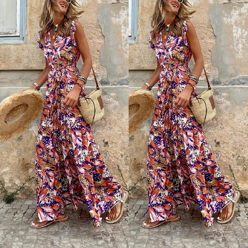 Women's Temperament Casual Print Sleeveless V-neck Dress With Large Hem