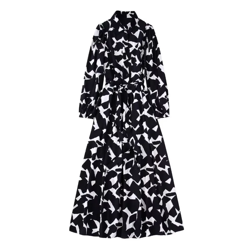 Women's Long Sleeve With Belt Printed Dress