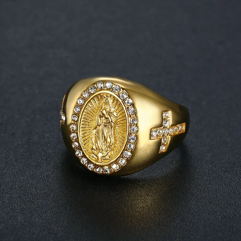 Men's Gold Plated Diamond Virgin Mary Ring