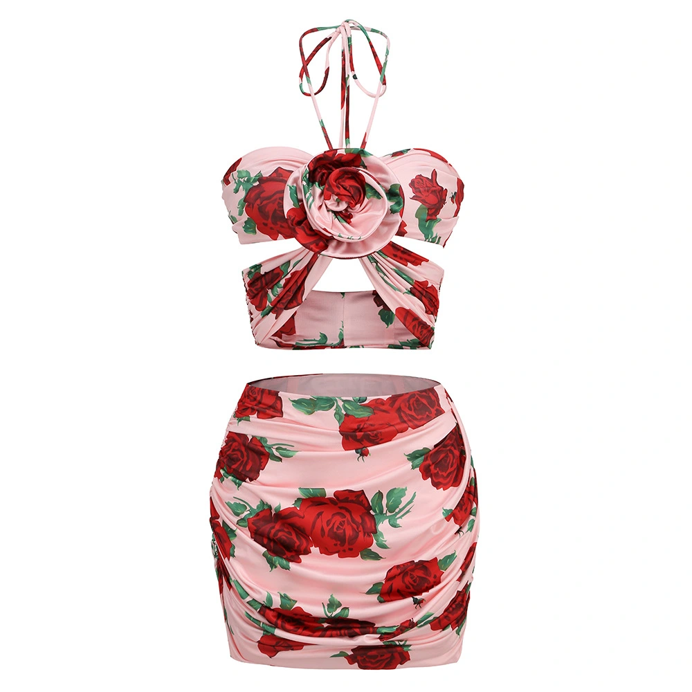 Hanging Neck Sleeveless Elegant Printed Skirt Set