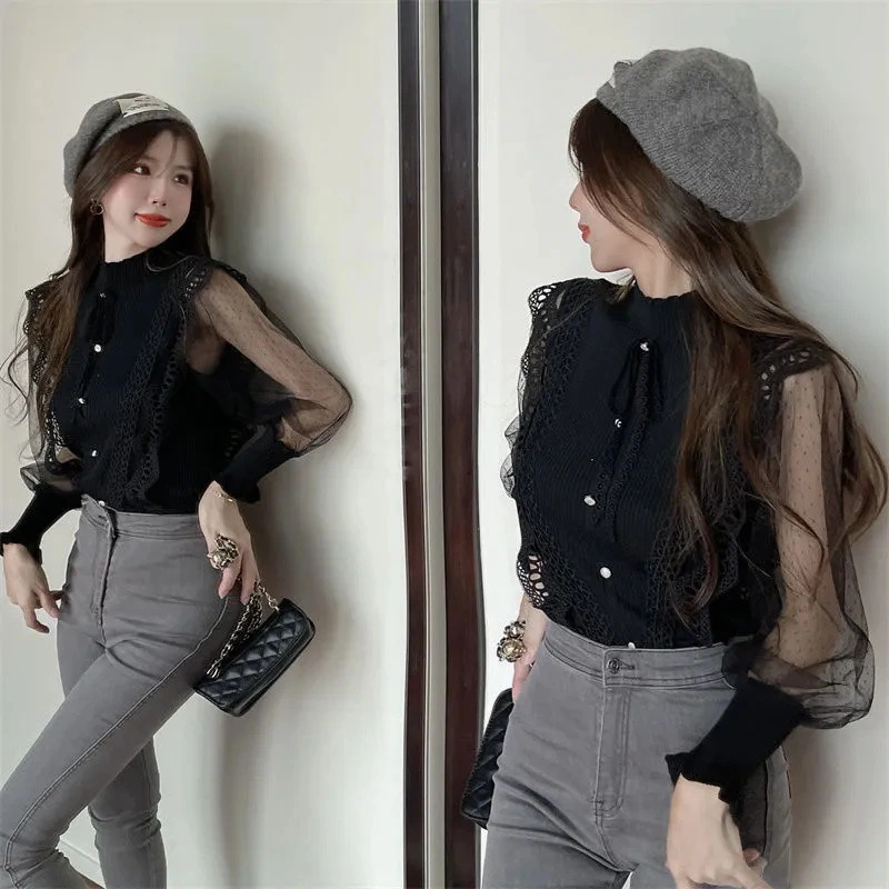 Black Mesh Knit Bottoming Shirt Women's Inner