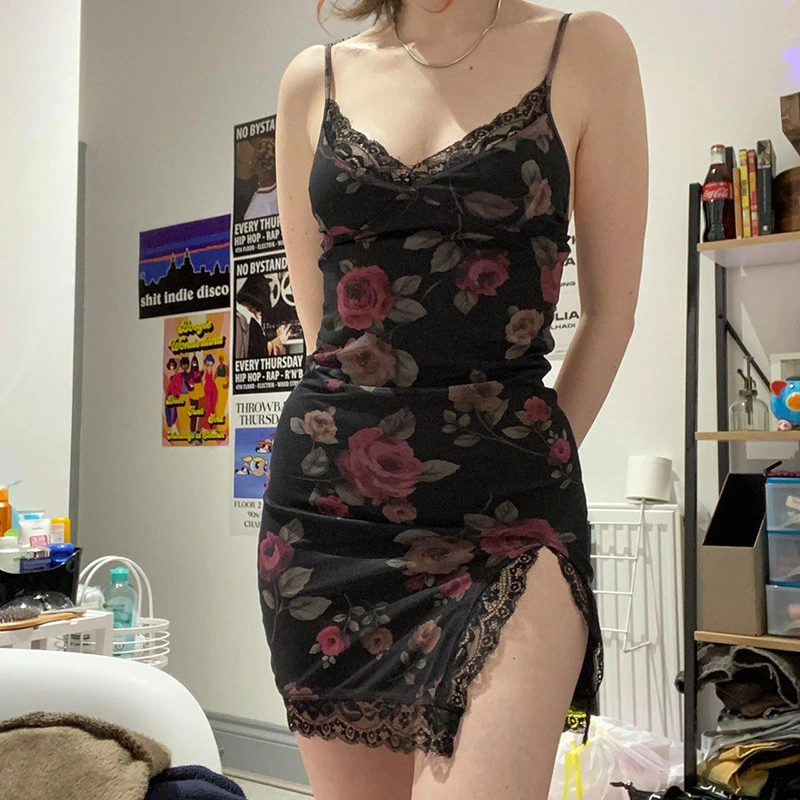 Printed Lace Hem Halter Dress