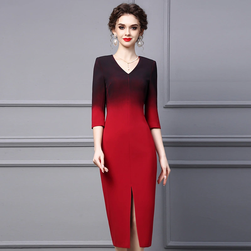 Gradient Red Buttocks Wrapped Dress For Women