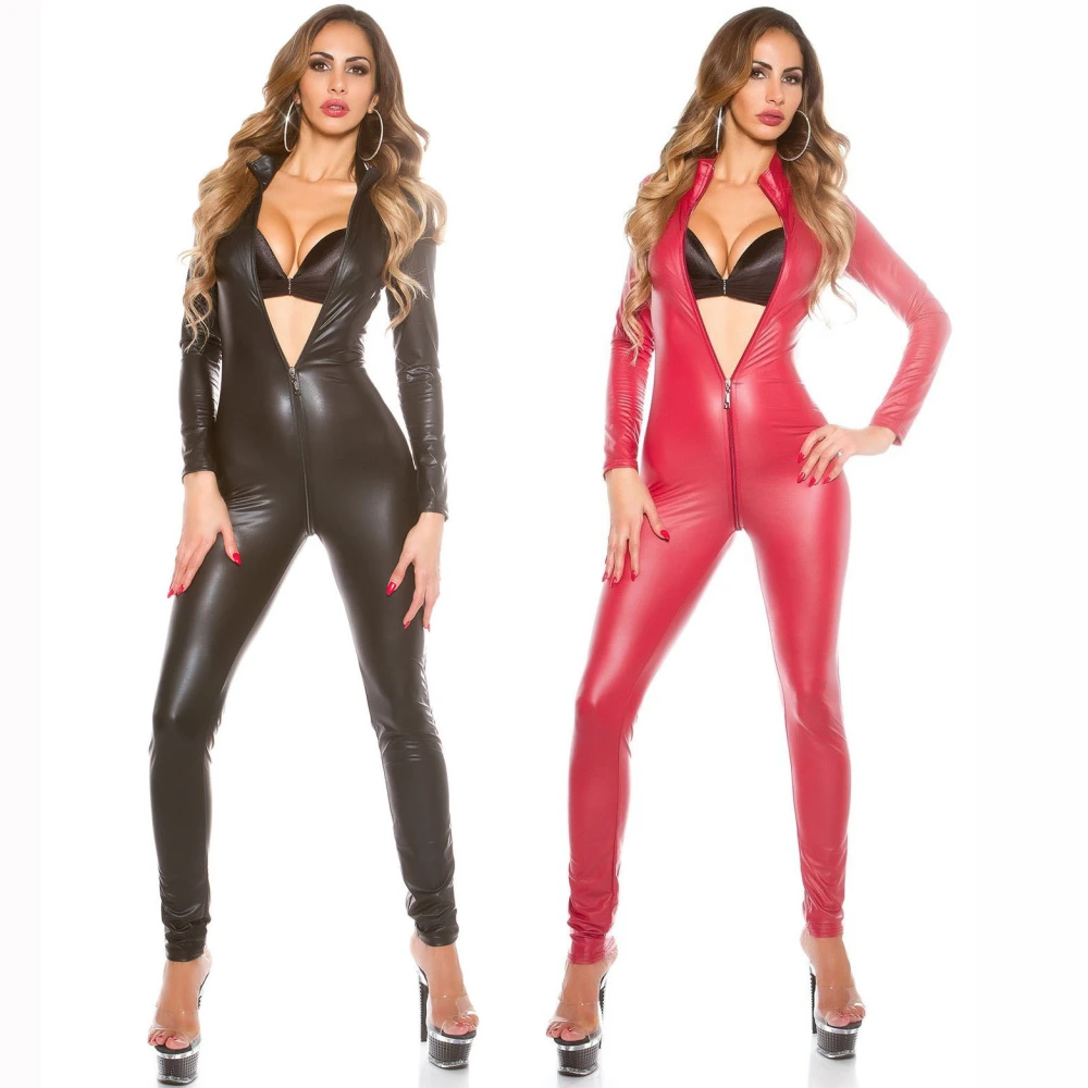 Women's Fashion Minimalist Leather Shiny Patent Long Jumpsuit