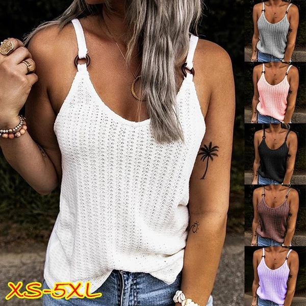 Womens Fashion Summer Clothes Casual Sleeveless Knit Basic Halter Tops Solid Color V Neck Camisole Ladies Tank Tops Plus Size