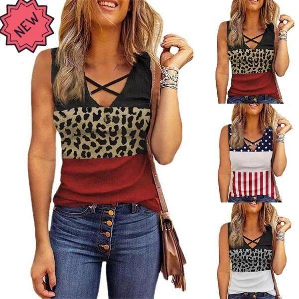 Summer Women's Fashion V-Neck Sleeveless Tops New Leopard Printed Patchwork Casual Vests