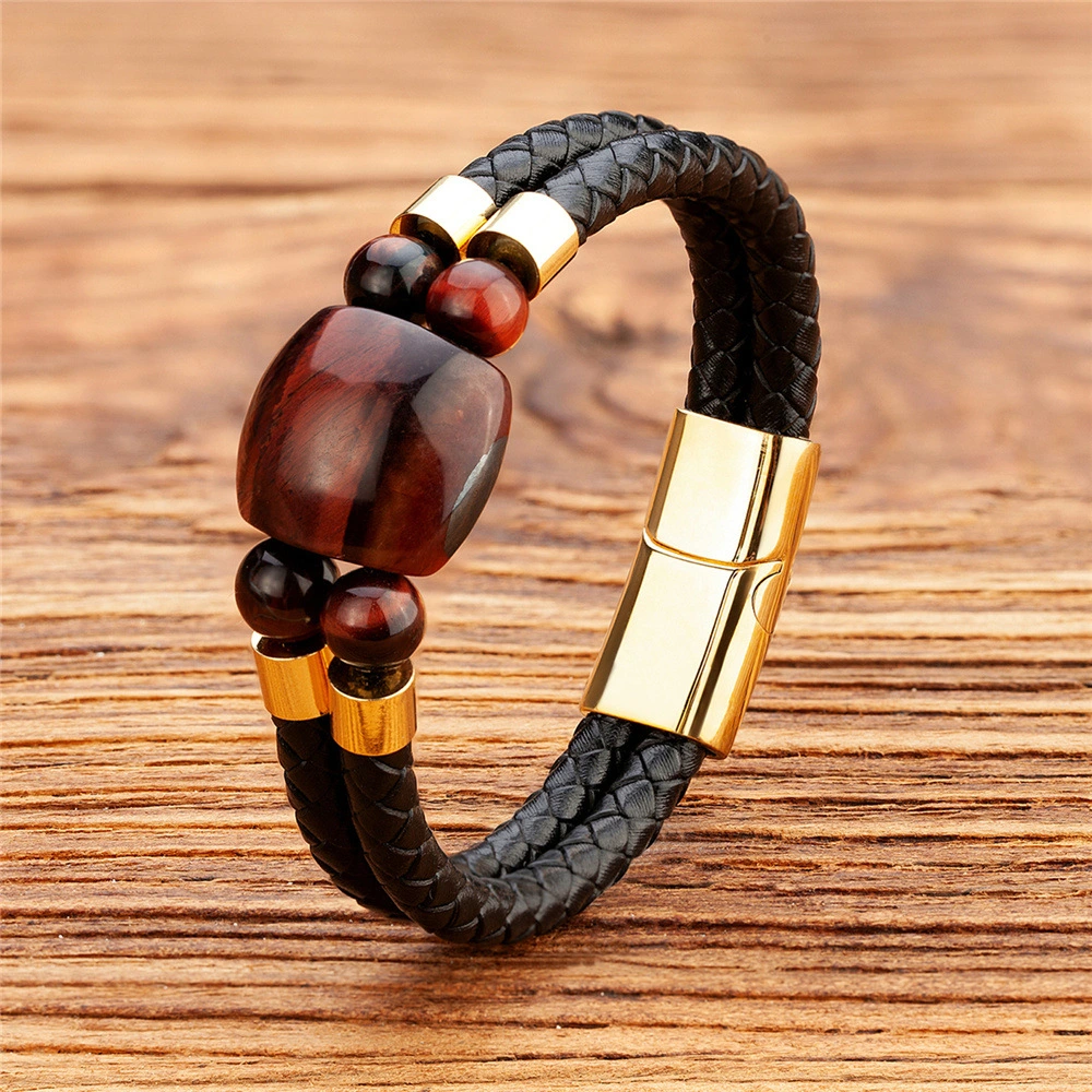 New Stainless Steel Natural Tiger Eye Stone Beaded Bracelet For Men