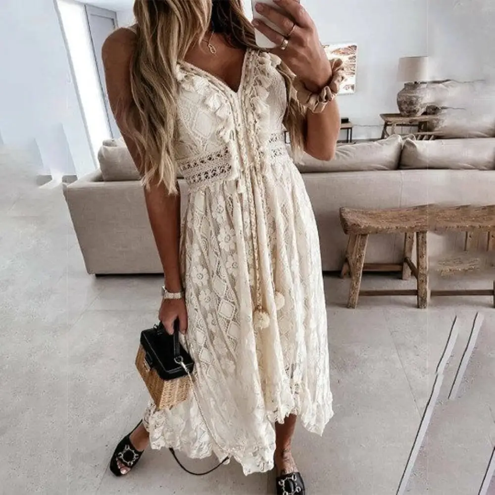 Ladies Lace Suspender Swing Solid Color Long Dress