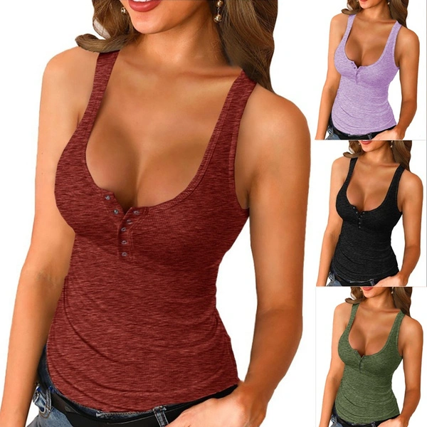 Ladies Cotton Slim Fit Vest Sleeveless Tank Tops Women's Casual Summer Tops V-neck Button Up Shirts Solid Color Off Shoulder Tops