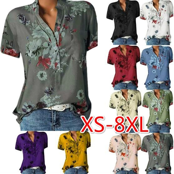 Summer Women Casual V-neck Short Sleeve Shirts Floral Print Blouse Ladies Fashion Loose Plus Size Tops T Shirts