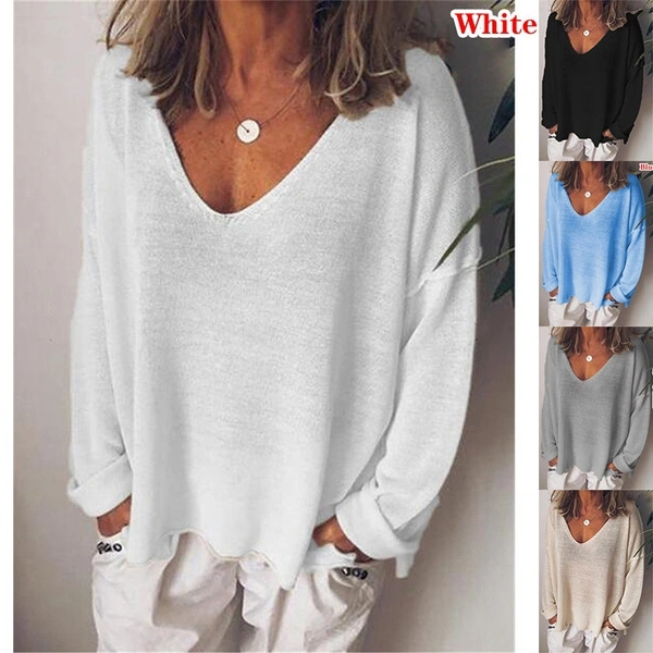 Autumn Women Solid Color Plus Size Shirts Casual Loose Tops V-Neck Blouses Long Sleeve Shirt