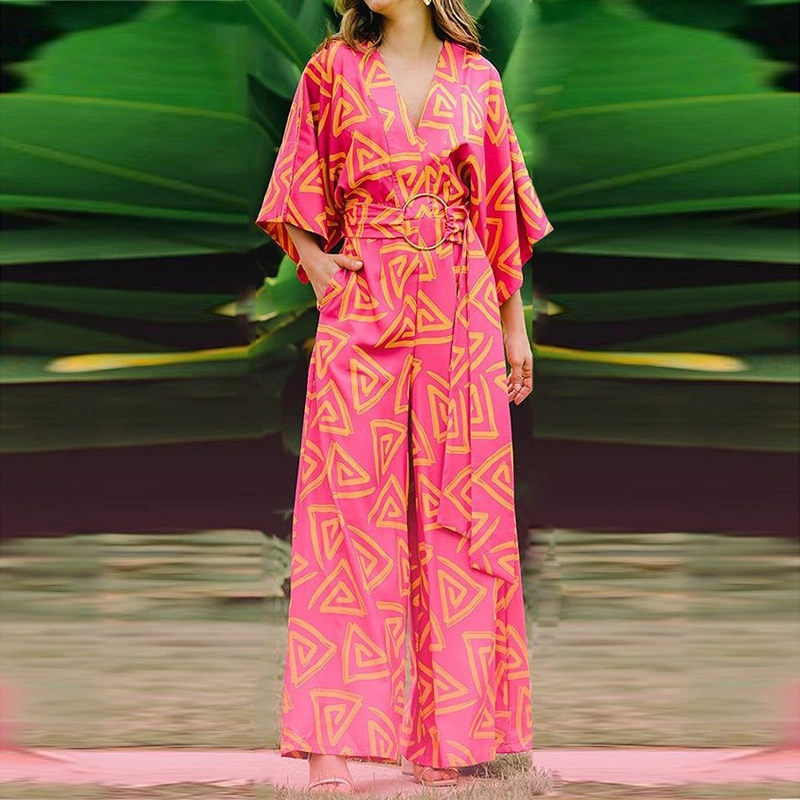 Loose Fitting Medium Sleeved Triangular Geometric Printed Jumpsuit