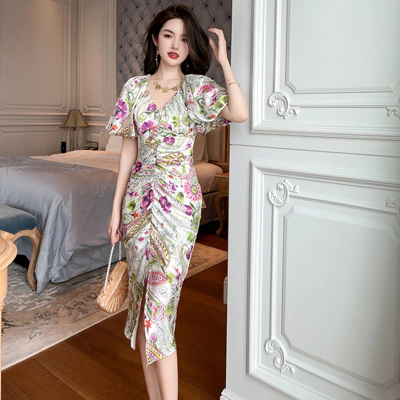 Bubble Sleeve Printed Slim Fit Dress