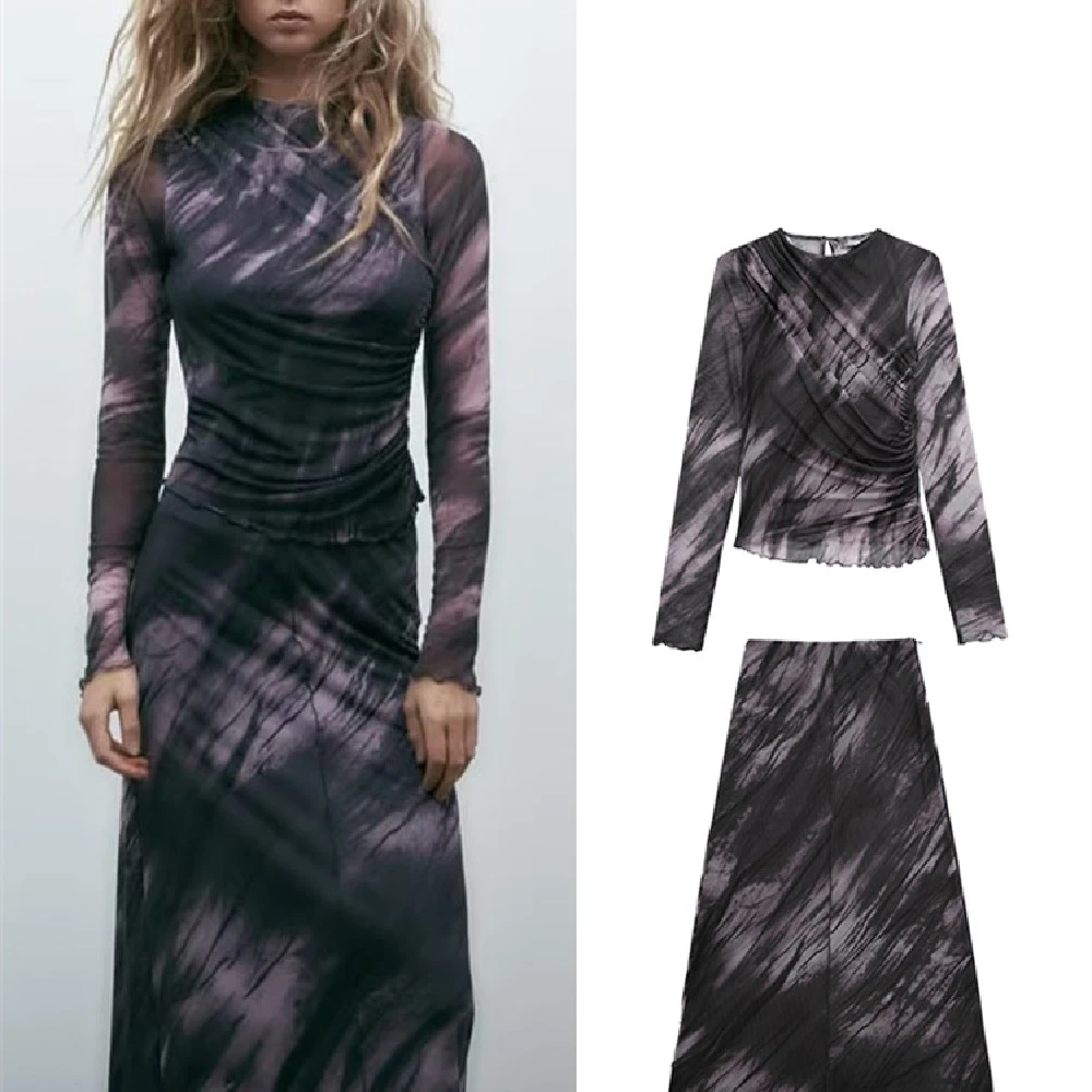 Pleated Floral Print Silk Mesh Dress Skirt