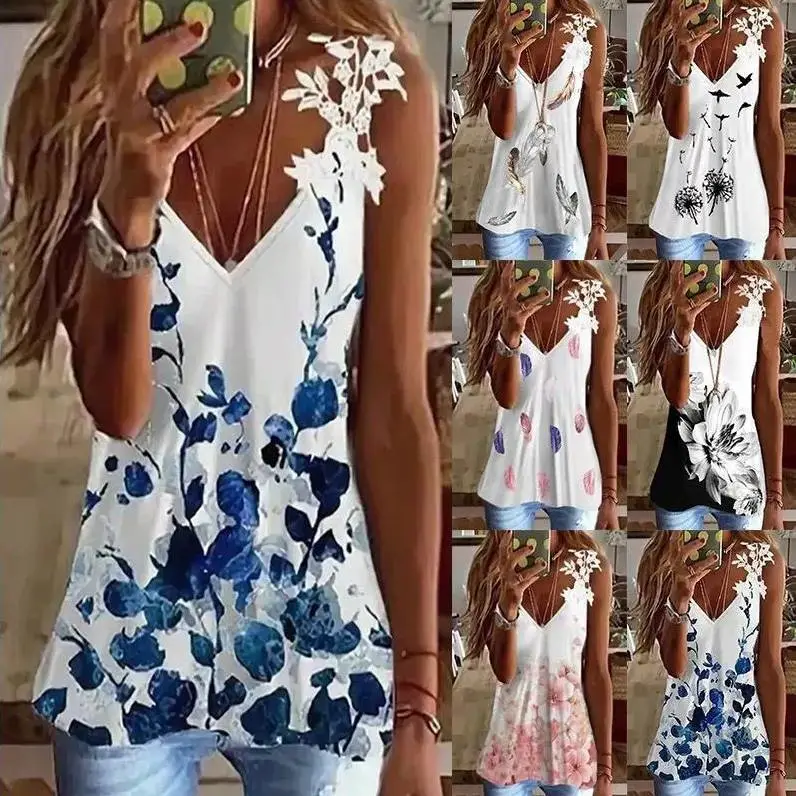 Women's Summer New Lace Sleeveless V-neck Printed Camisole