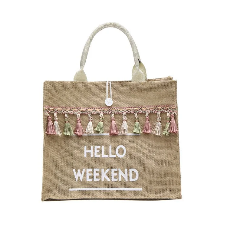 Women's portable burlap tassel letter bag