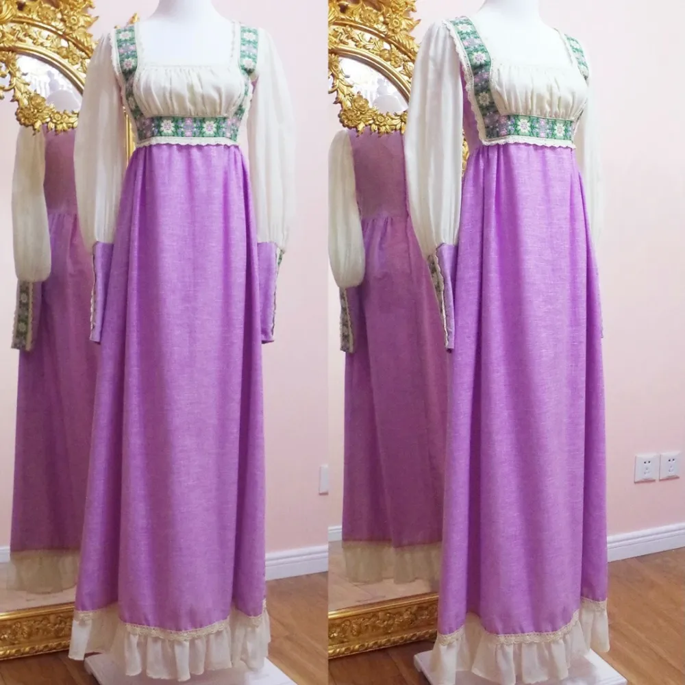Premium Handmade Vintage 1960s Embroidered Square Collar Prairie Dress