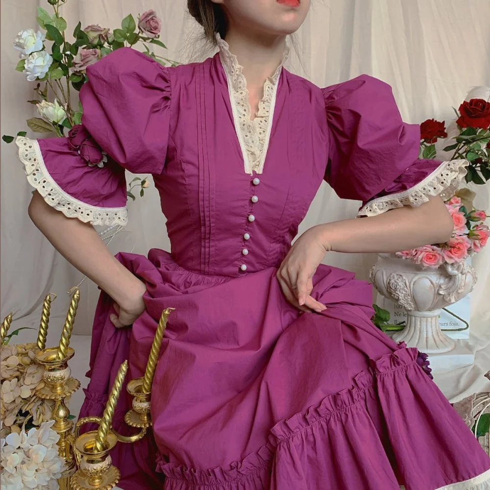 Handmade Drama Inspired Victorian Palace style Puff Sleeve Lace Stitching Dress