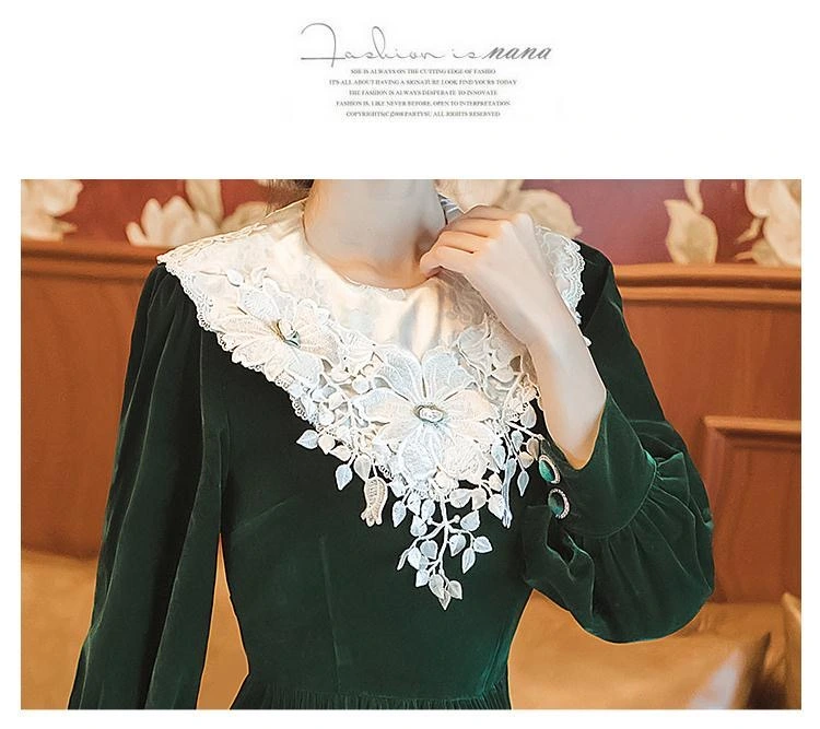 Vintage Green Velvet Lace Collar Dress Vintage Green Velvet Lace Collar Dress