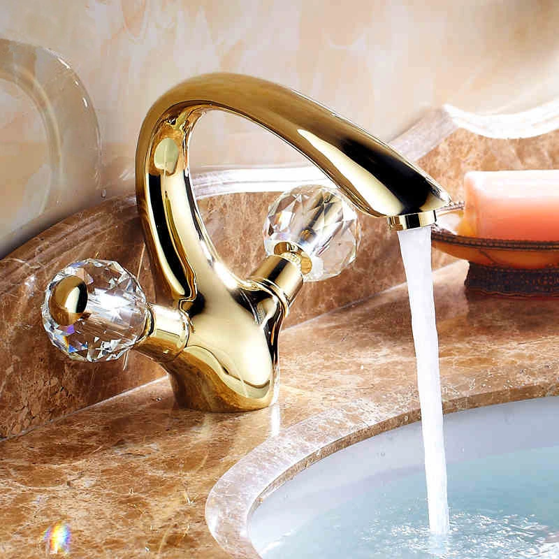 All Copper Gold Sitting Single Hole Toilet Basin Hot And Cold Faucet