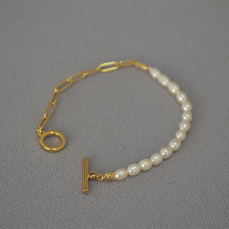 Freshwater Rice Grain Pearl Gold Paper Clip Chain Bracelet Female