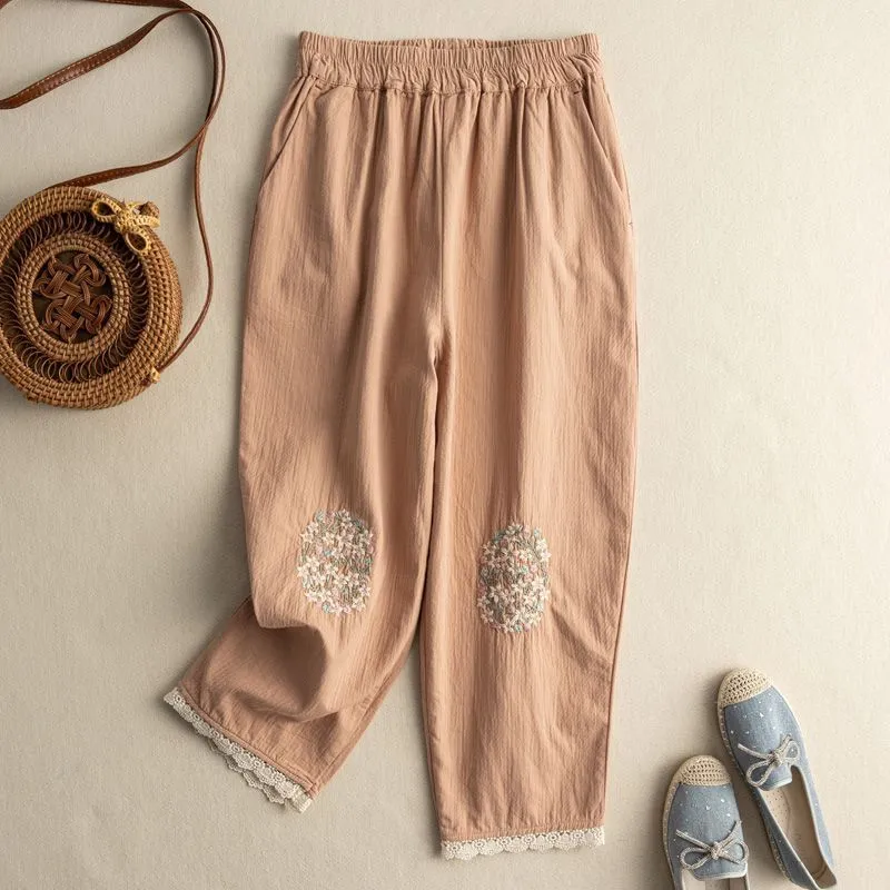 Cotton And Hemp Embroidery Casual Pants Female Literary Retro