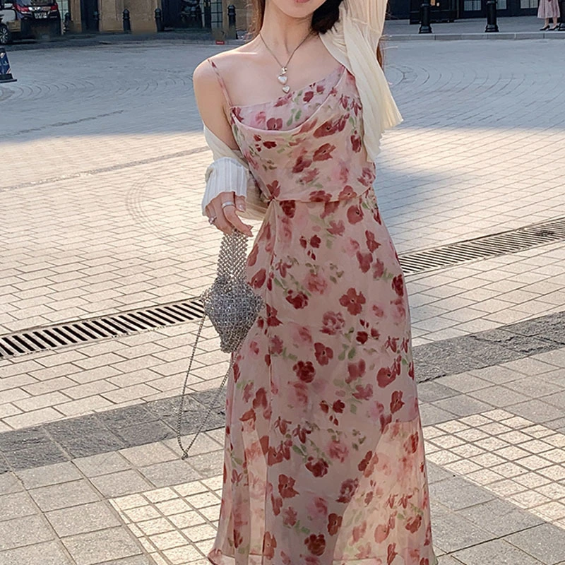 Fragmented Chiffon Dress Women's Swinging Neck Waist