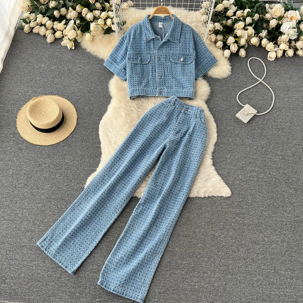 Hong Kong Style Denim Suit Short Lapel Wide Leg Pants Two-piece Set
