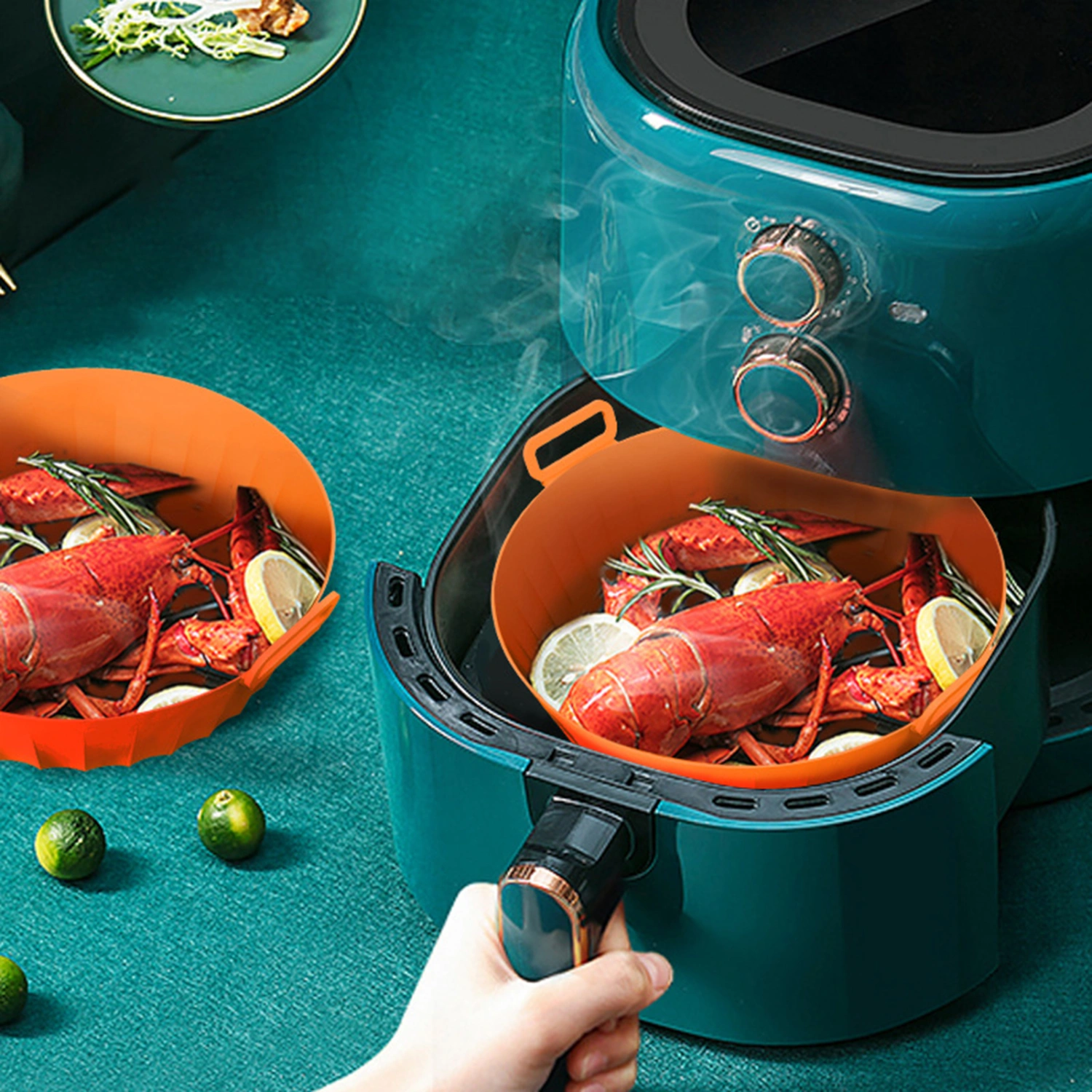Fryer Pad 3D Drainage Groove Heat-resistant Flower Texture with Handle Food Grade Foldable Roasting Tray for Household