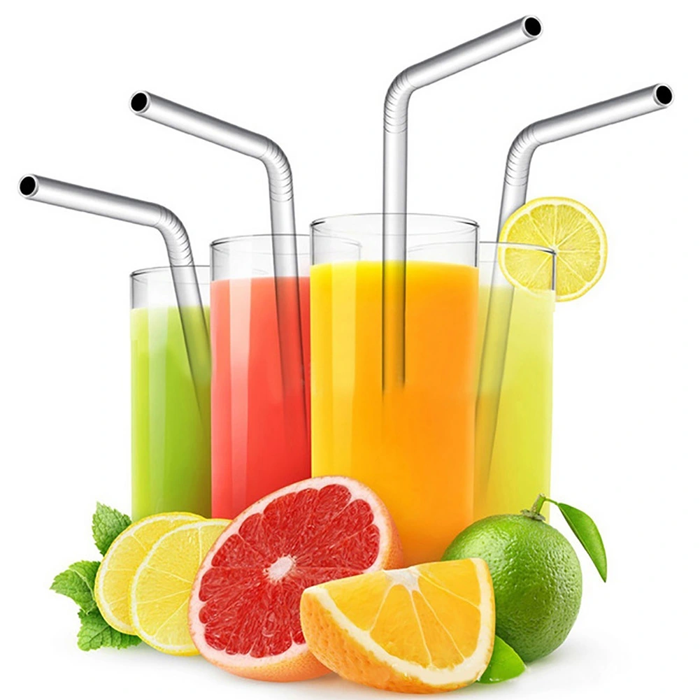 8Pcs 6mm Reusable Rainbow Straight Curved Drinking Straw Stainless Steel Cutlery
