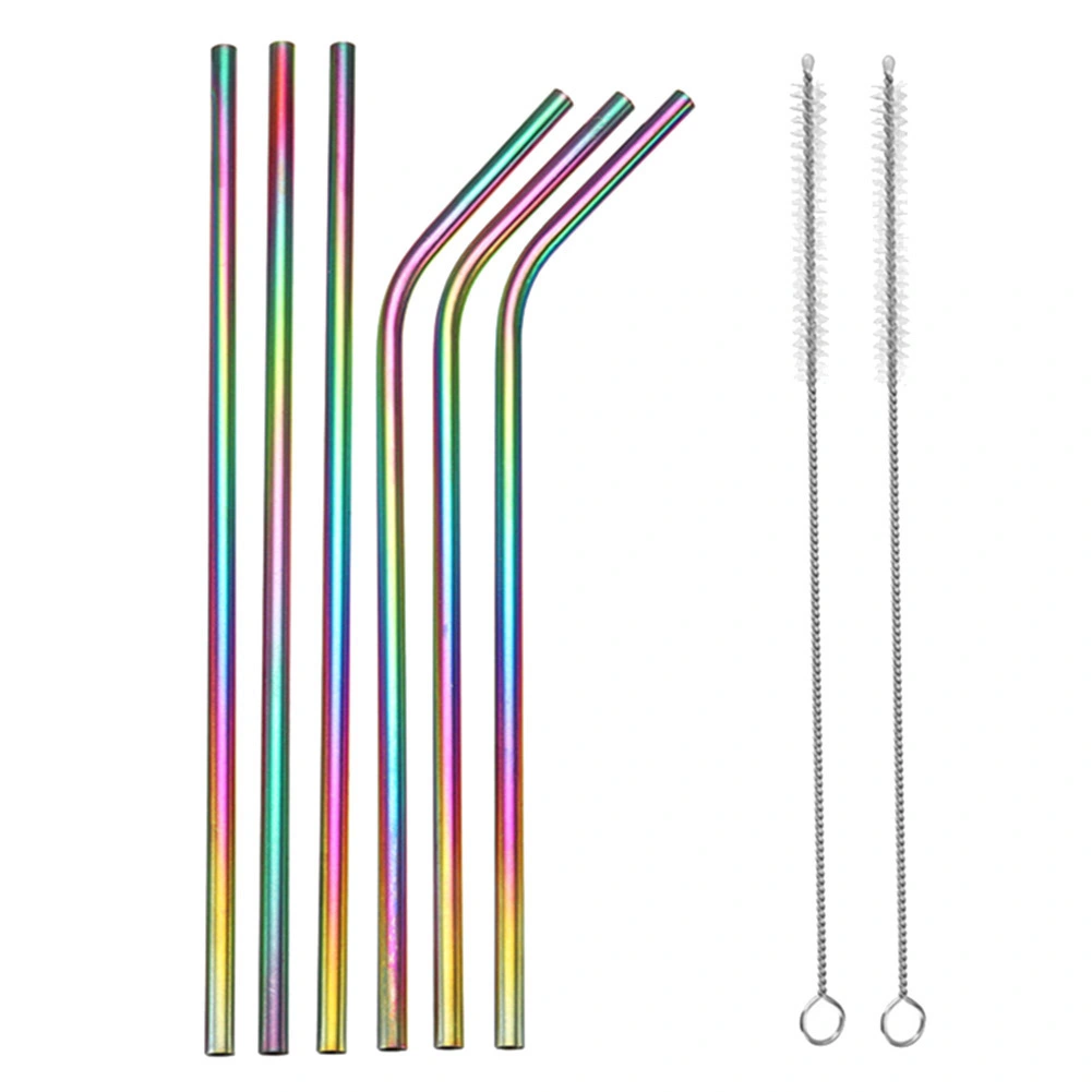 8Pcs 6mm Reusable Rainbow Straight Curved Drinking Straw Stainless Steel Cutlery