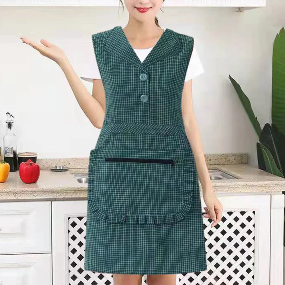 Cooking Apron Sleeveless Oil-proof Zipper Pocket Western Style Lapel Plaid Pattern Cotton Apron Waistcoat Housework Workwear Daily Use