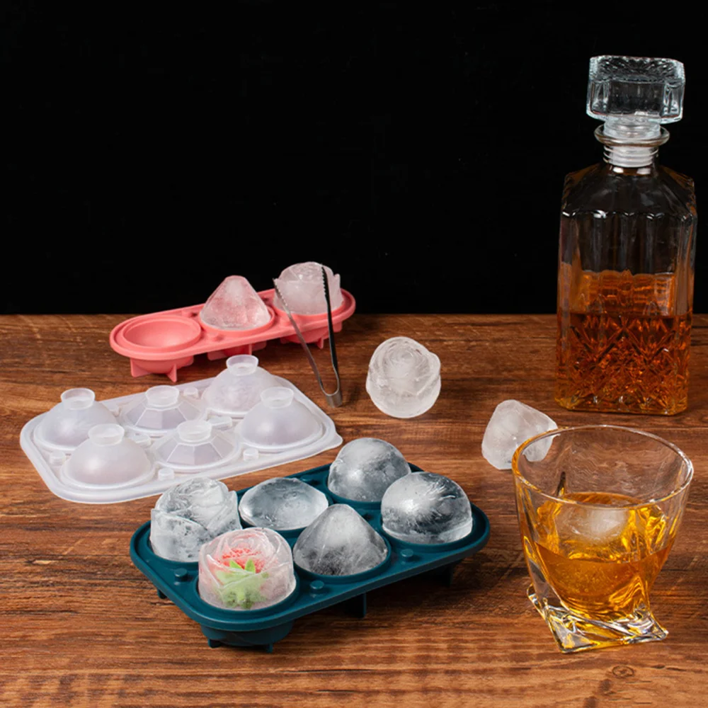 Ice Cube Mold with Lid Food Grade Non-sticky 3D Rose Ball 6-grid Tray DIY Baking Accessories Whiskey Cocktails Beverages Ice Mold Fridge Accessories